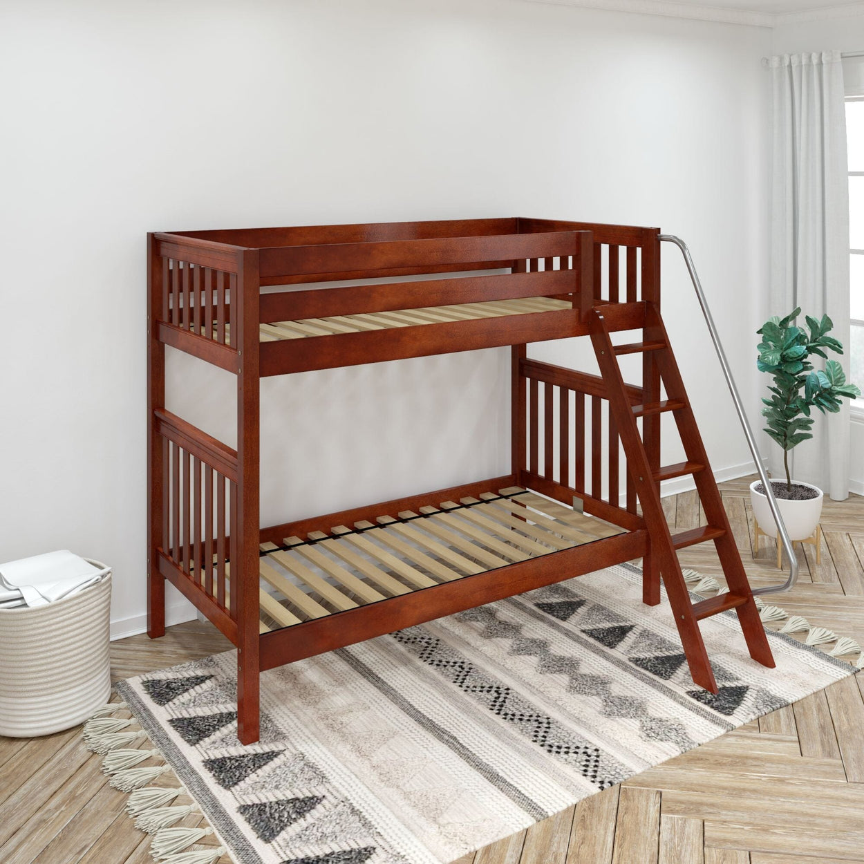 Wooden bunk bed with ladder in modern bedroom setting.
