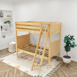 Wooden bunk bed with ladder in modern bedroom setting, featuring decorative shelving and a potted plant on patterned rug.