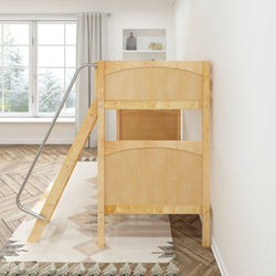 Wooden loft bed with ladder in bright cozy bedroom setting with large window and natural light.