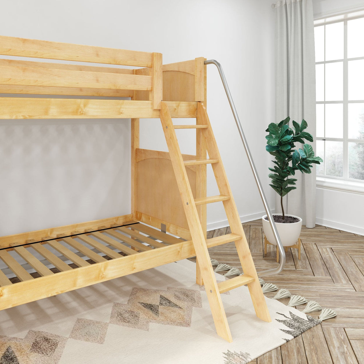 Wooden bunk bed with slide in bright room featuring hardwood floors, a geometric rug, and a potted plant by a window.