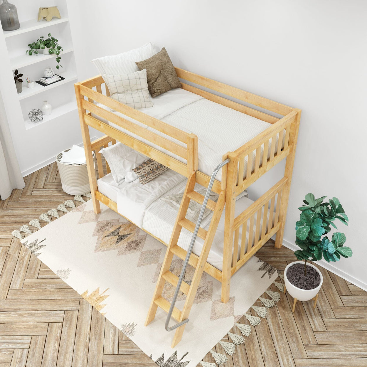 Wooden bunk bed with ladder in a modern bedroom featuring cozy pillows, potted plant, and decorative bookshelf.