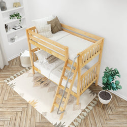 Wooden bunk bed with ladder in a modern bedroom featuring cozy pillows, potted plant, and decorative bookshelf.