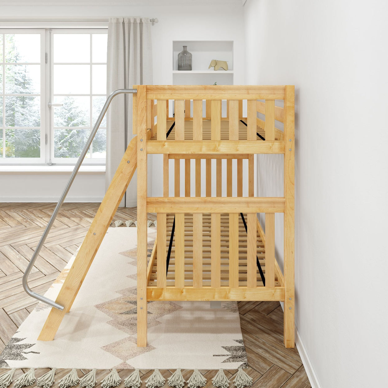 Wooden bunk bed with safety ladder in modern bedroom.