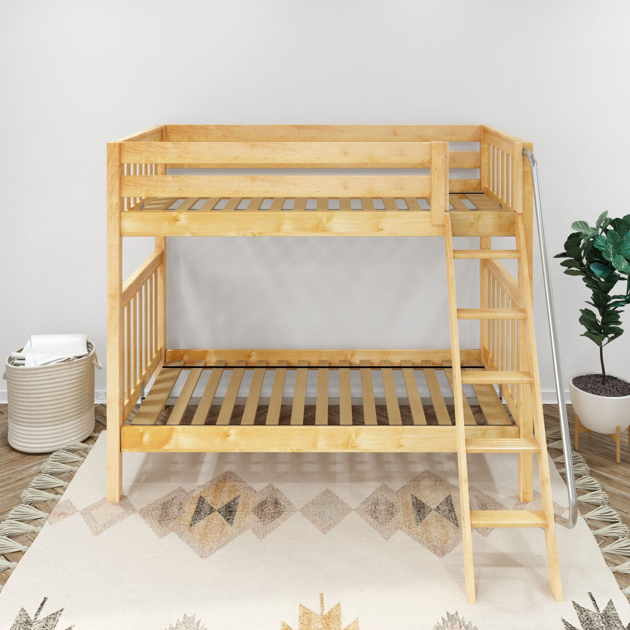 Wooden bunk bed with slatted design in a modern bedroom setting, featuring a nearby plant and storage basket.