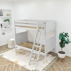Modern white bunk bed with ladder in stylish bedroom setting with wooden floor and plant decor.