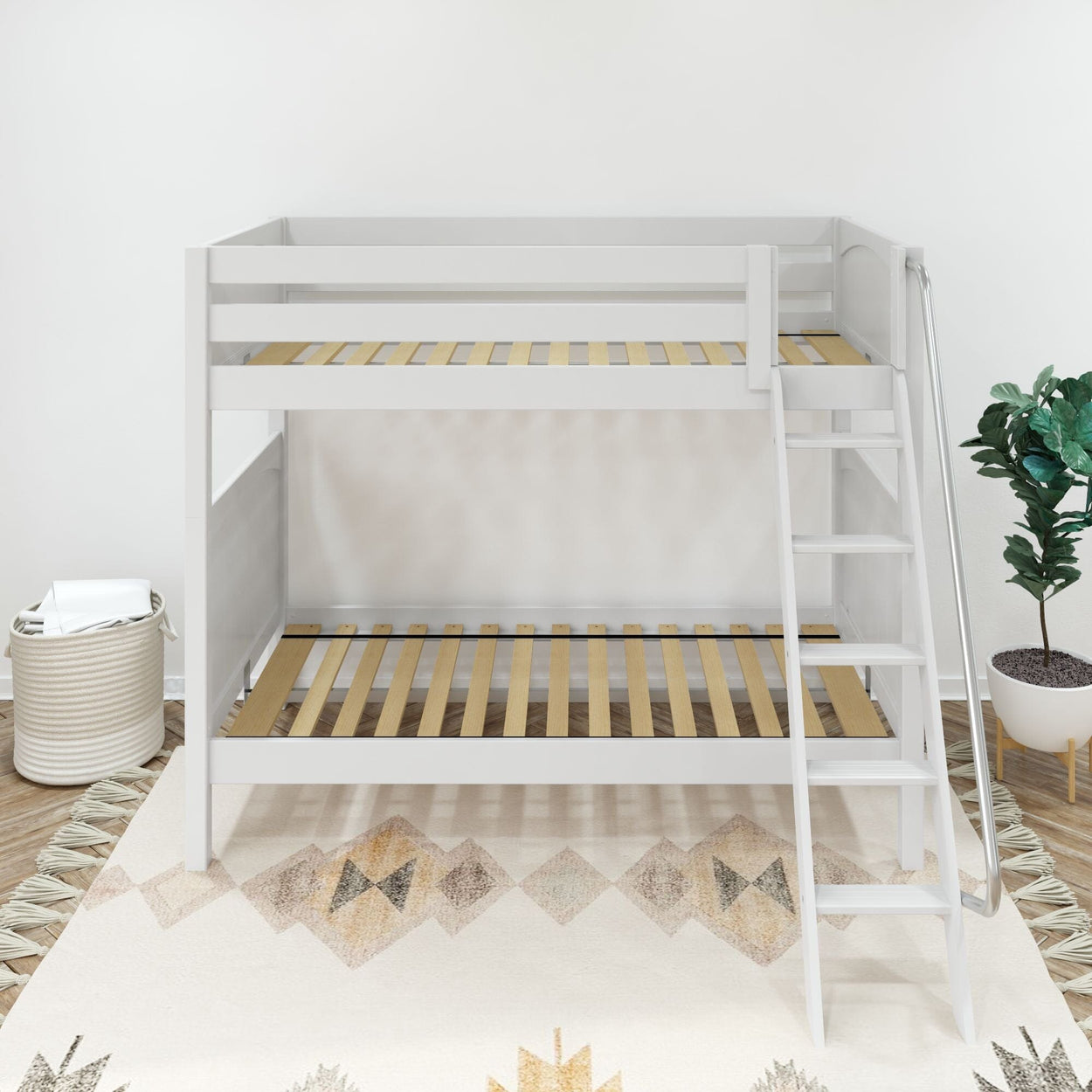 White wooden loft bunk bed with ladder in a modern bedroom setting with geometric rug and potted plant.