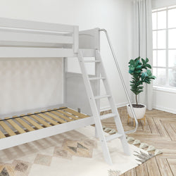 White wooden bunk bed with metal ladder in modern bedroom featuring potted plant and cozy rug, highlighting minimalist home decor style.