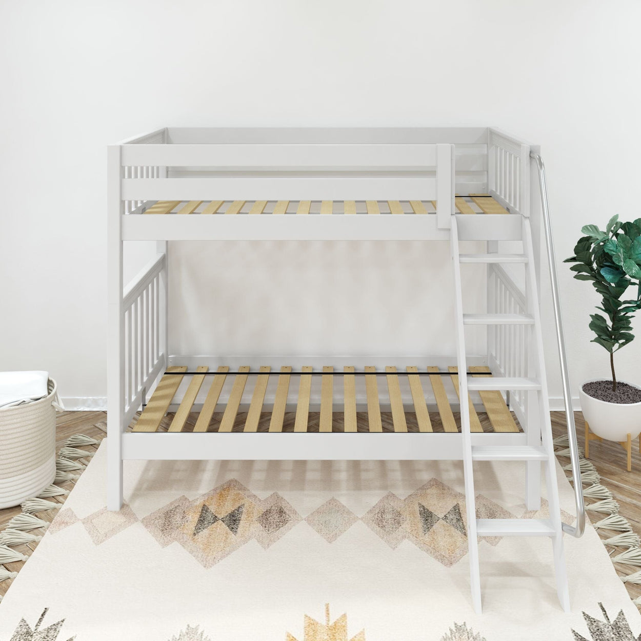 White wooden bunk bed with ladder in a modern bedroom setting, featuring a geometric rug and decorative plant.