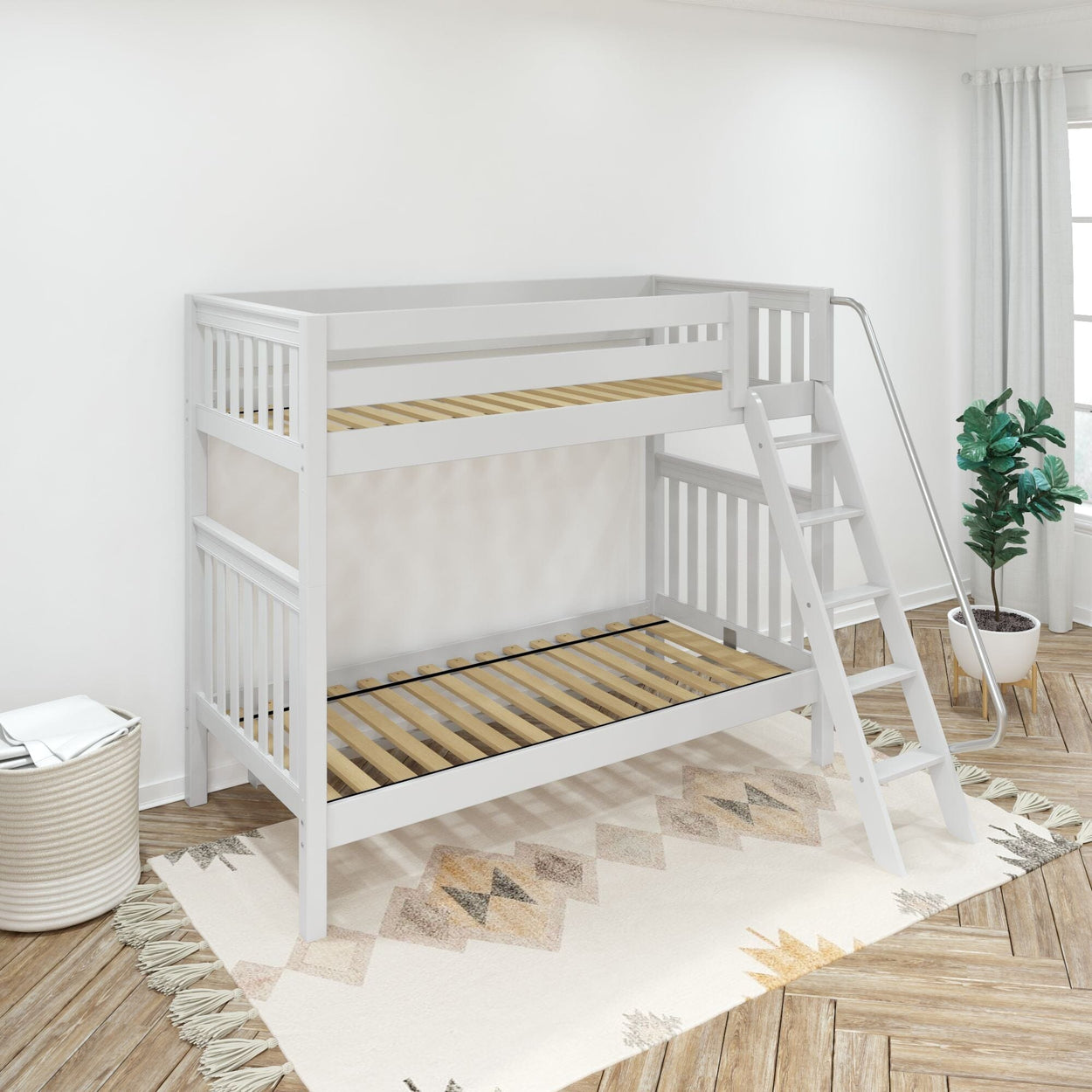 White wooden bunk bed with ladder in a bright, minimalist bedroom featuring a patterned rug and potted plant.