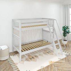White wooden bunk bed with ladder in a bright, minimalist bedroom featuring a patterned rug and potted plant.