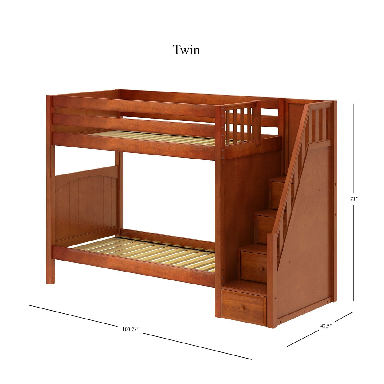 Twin wooden bunk bed with built-in storage stairs and safety rails.