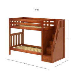 Twin wooden bunk bed with stairs and storage drawers, dimensions 100.75 inches by 42.5 inches by 71 inches.
