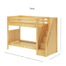 Twin loft bed with staircase and storage drawers, natural wood finish, dimensions 100.75" x 42.5" x 71".