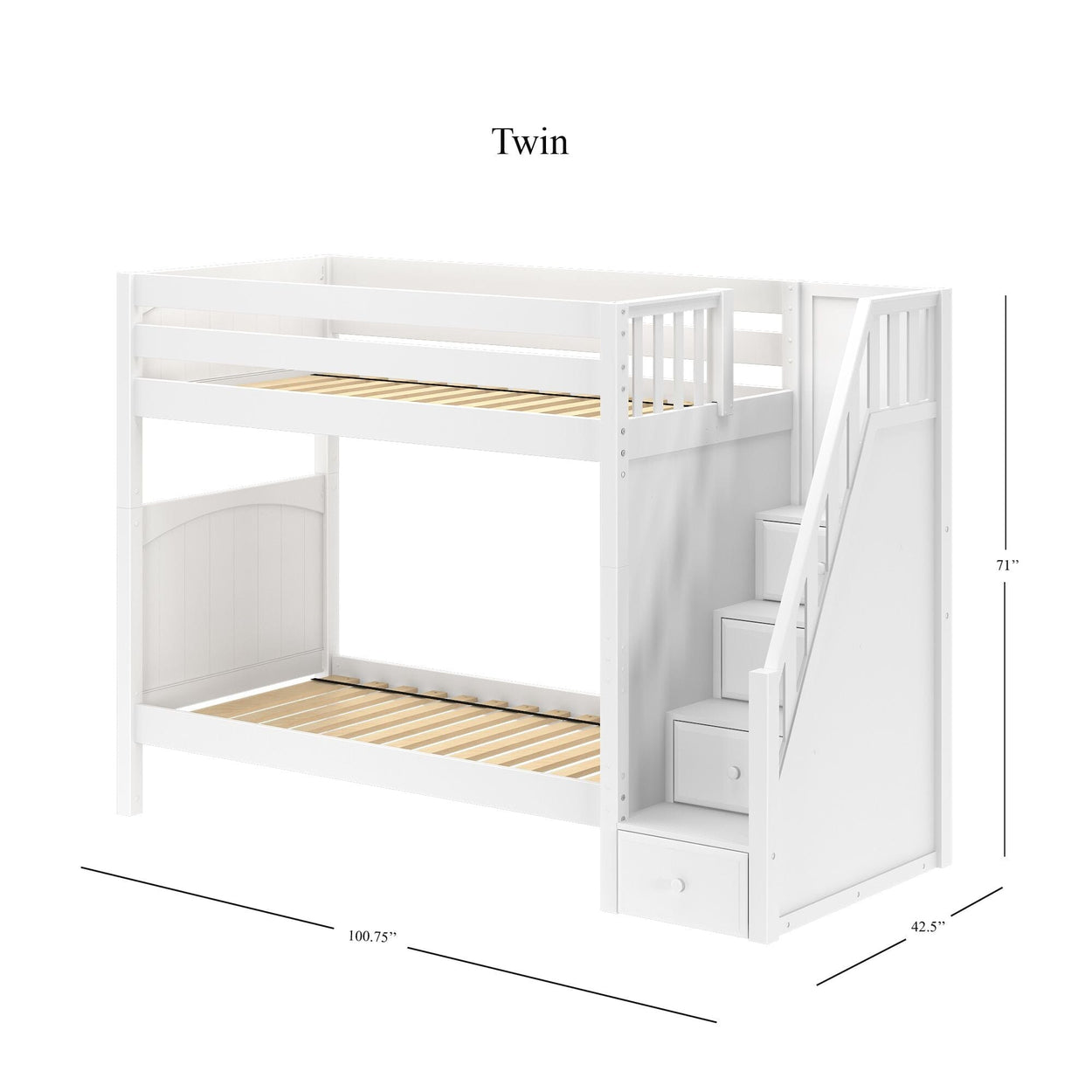 White twin loft bunk bed with stairs and storage drawers, dimensions 100.75 x 42.5 x 71 inches.
