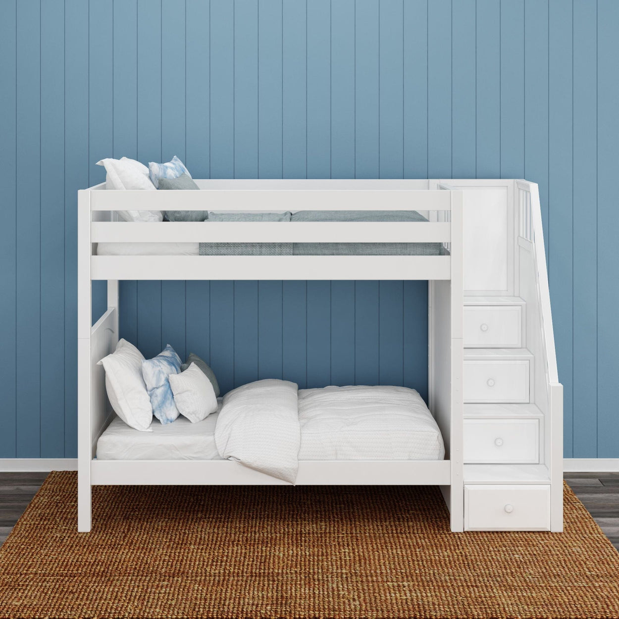 White bunk bed with stairs in modern blue bedroom interior.