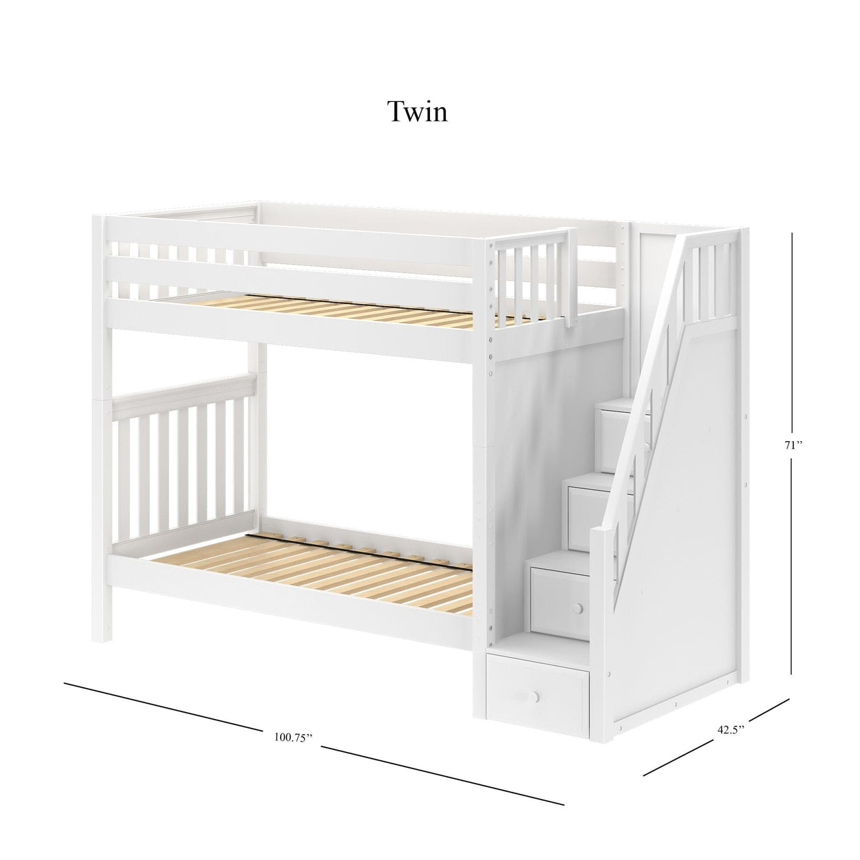 White twin bunk bed with stairs and storage drawers, dimensions 100.75 inches long, 42.5 inches wide, and 71 inches tall.