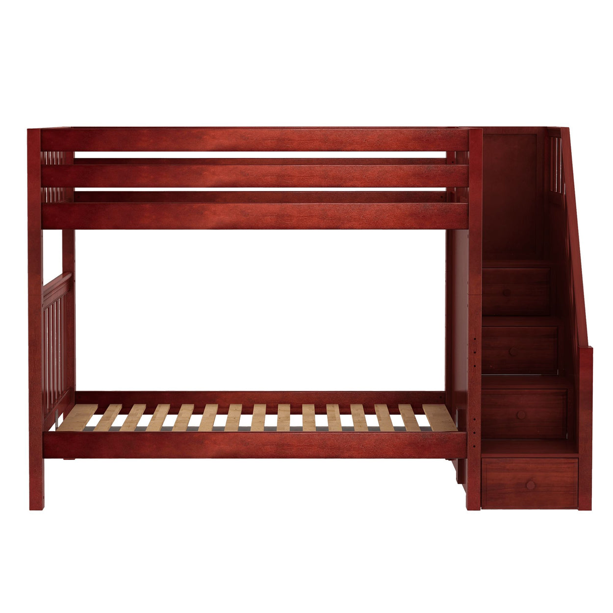 Red wooden loft bed with built-in storage stairs and slatted base.