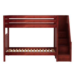Red wooden loft bed with built-in storage stairs and slatted base.