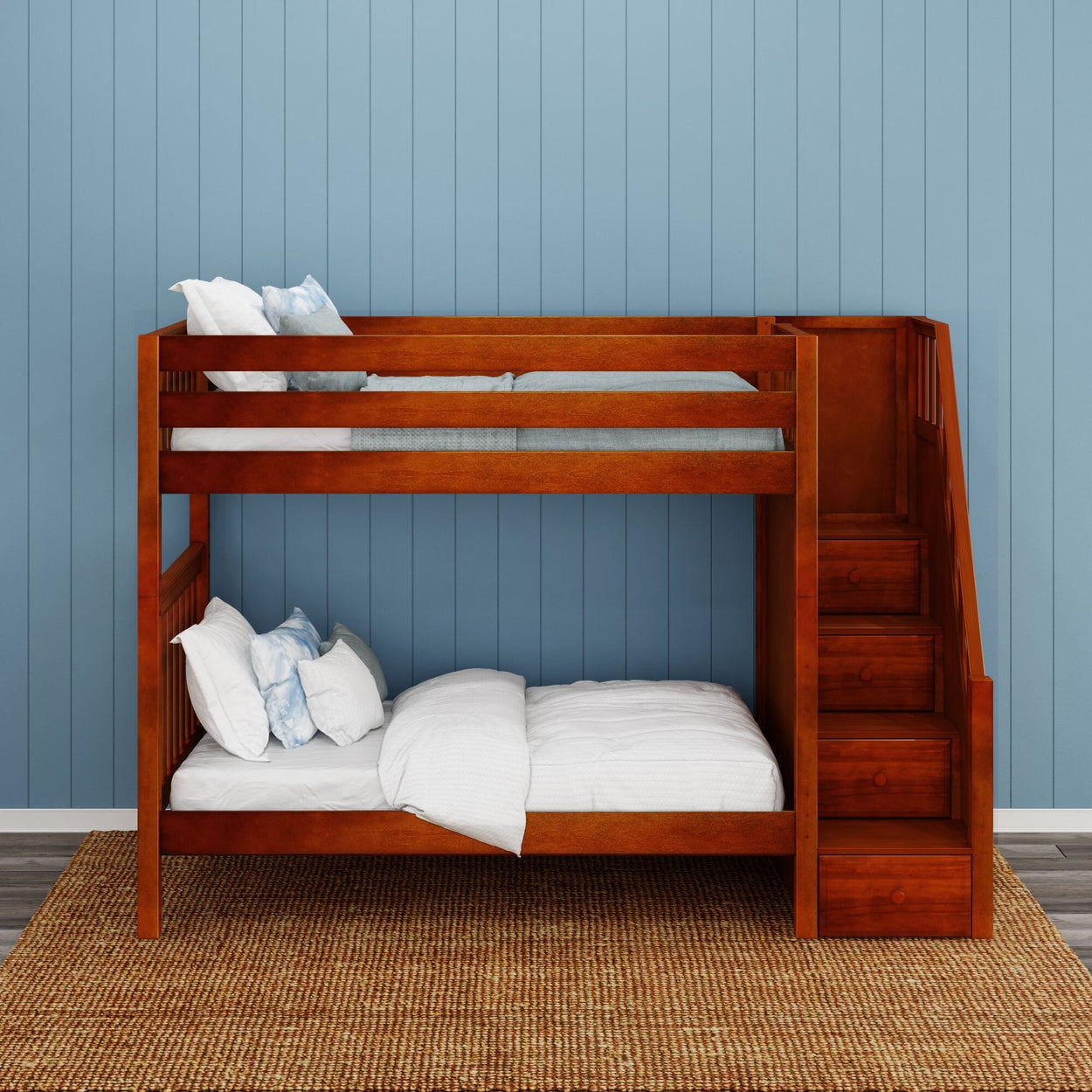 Wooden bunk bed with staircase and cozy bedding in a modern bedroom setting.