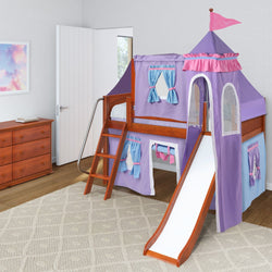 Purple castle-themed children's bed with slide and ladder in a bright bedroom.