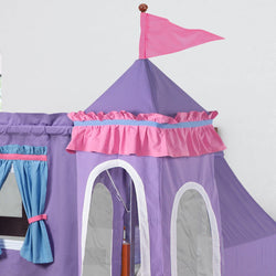 Purple and pink princess castle play tent with blue curtains and decorative flag.