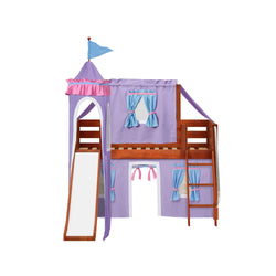 Children's castle-themed bunk bed with a slide and colorful curtains, perfect for kids' bedroom decor.