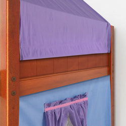 Wooden bunk bed with purple canopy and curtains, optimized for children's bedroom furniture.