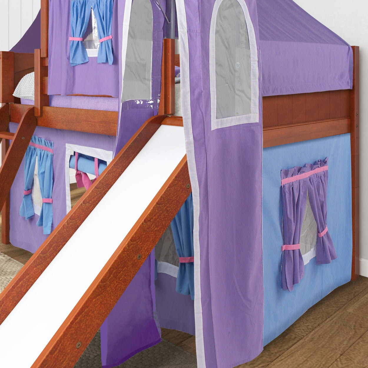 Kids' loft bed with slide and play tent in purple and blue for fun bedroom decor.