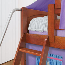 Wooden bunk bed with purple canopy and decorative pillow, ideal for kids' room decor.