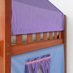 Wooden bunk bed with purple canopy and curtains.