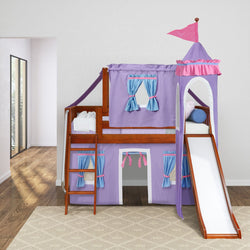 Children's wooden bunk bed with purple castle-themed tent and slide in a bright room.