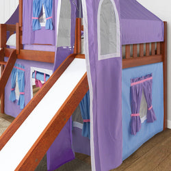 Children's loft bed with slide and purple playhouse curtains, ideal for fun and functional kids' bedroom furniture.