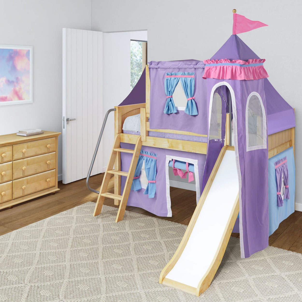 Children's castle-themed loft bed with slide and ladder in a bedroom setting.