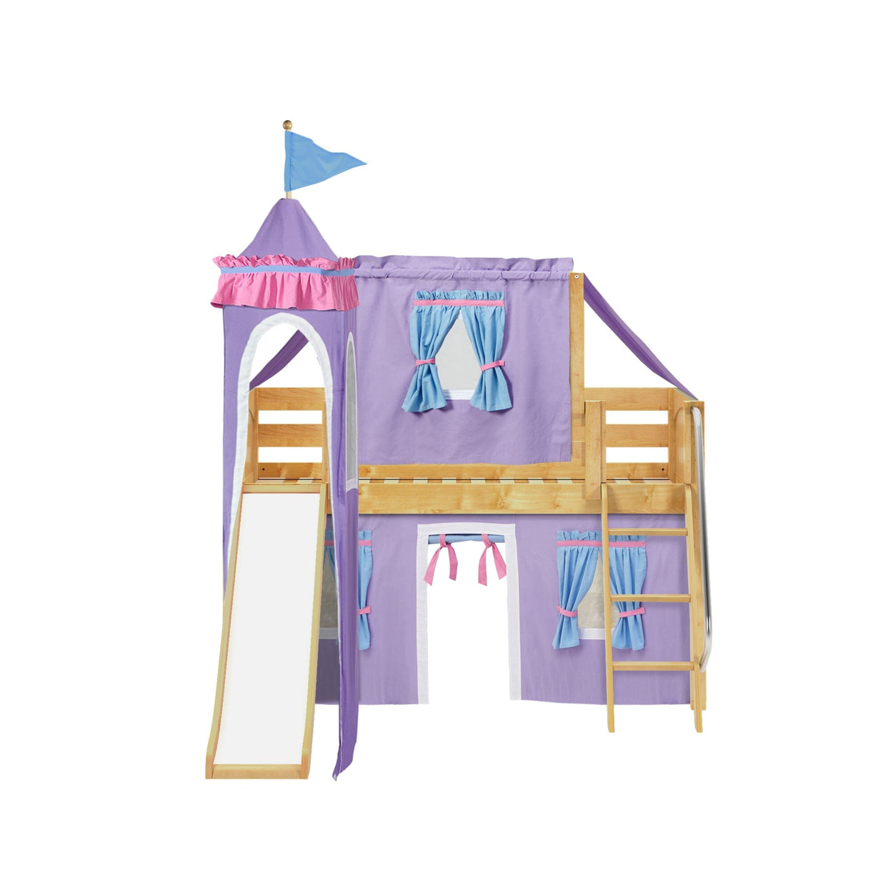 Wooden children's bunk bed with purple castle-themed play tent, slide, and ladder.