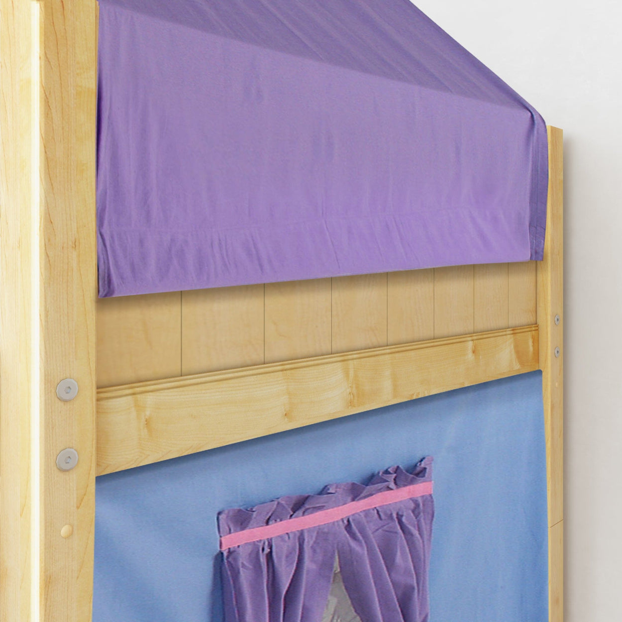 Wooden bunk bed with purple and blue curtains, perfect for children's room decor.