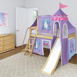 Children's wooden loft bed with purple castle-themed tent and slide in a modern kids' room.