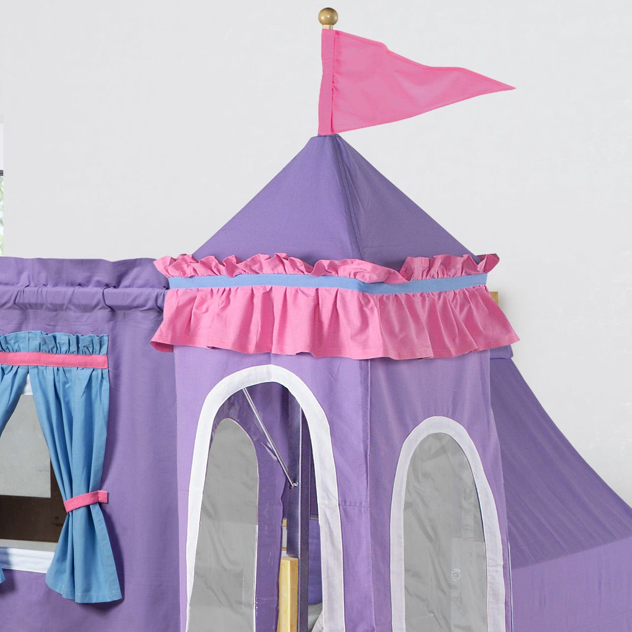 Purple and pink princess castle tent for kids with decorative flag and window curtains.