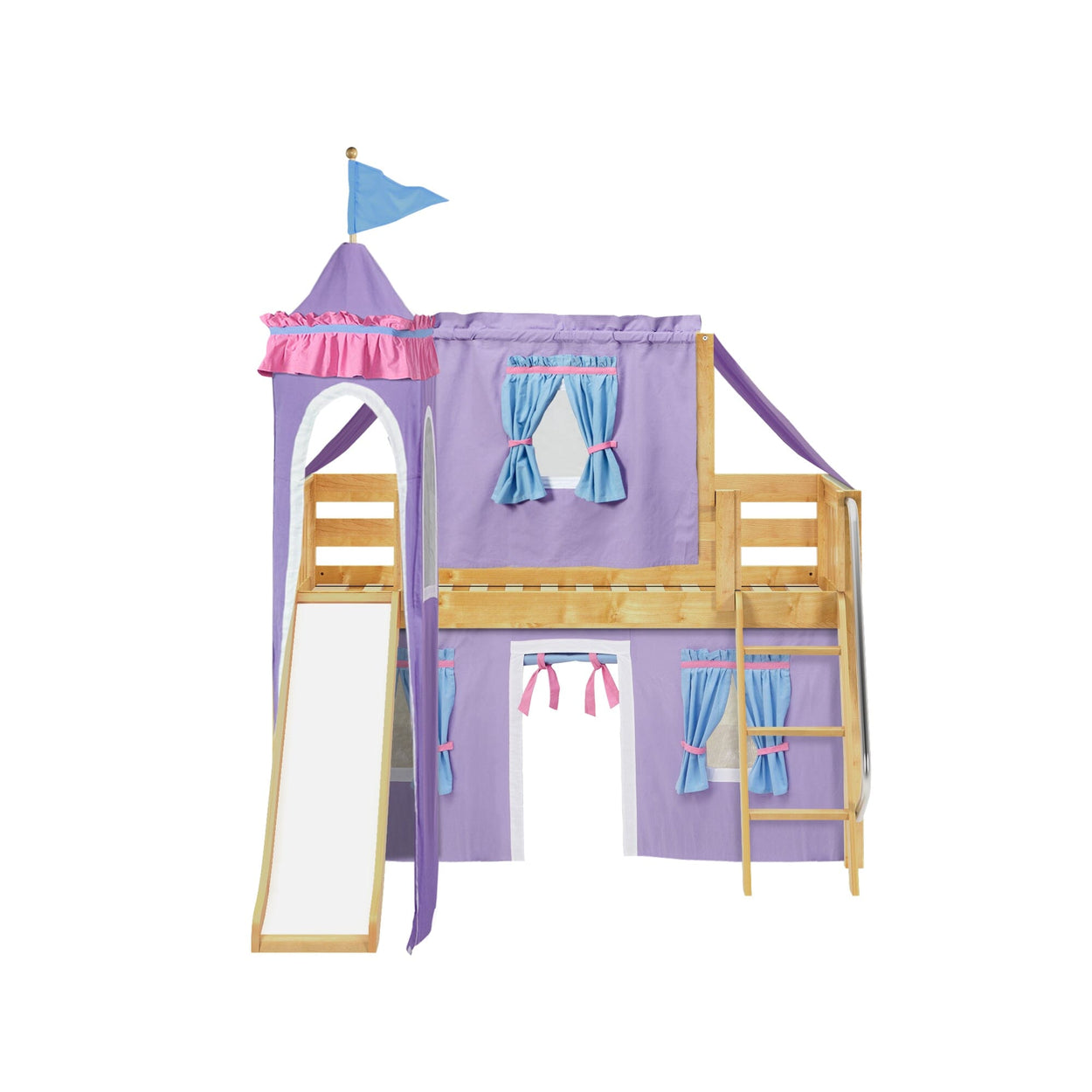 Purple wooden loft bed with slide and blue curtains, perfect for kids' bedrooms.