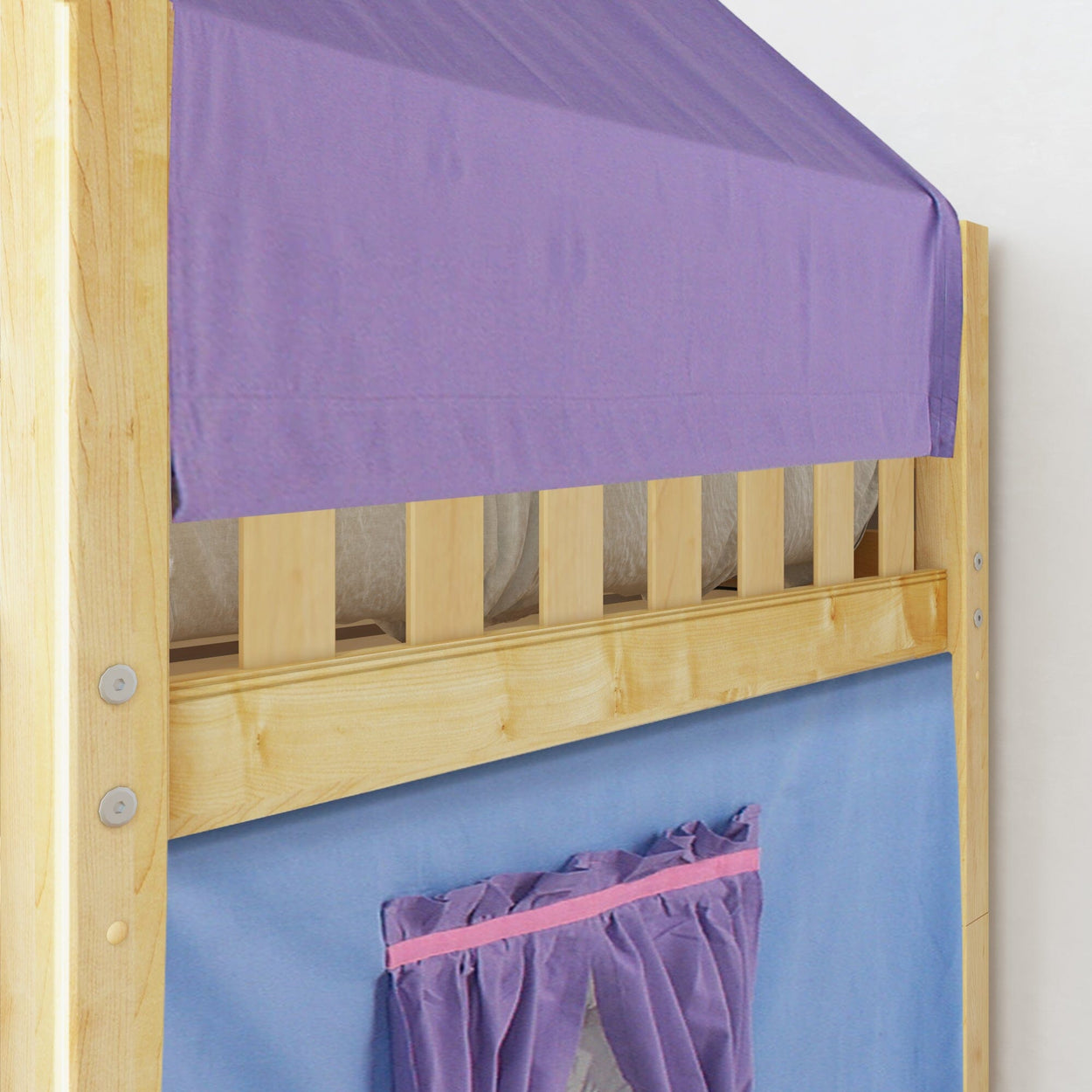 Wooden bunk bed with purple and blue fabric canopy for kids' room decor.