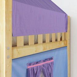 Wooden bunk bed with purple and blue fabric canopy for kids' room decor.