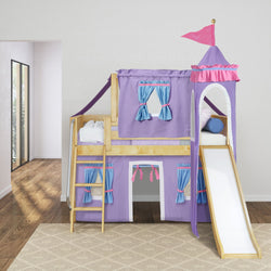 Purple castle-themed loft bed for kids with slide and ladder in a bright room.