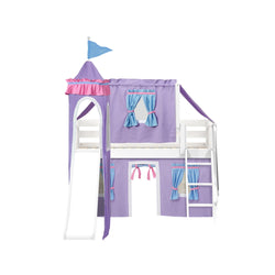 Kids' loft bed with slide and ladder featuring a castle design in purple and pink colors.