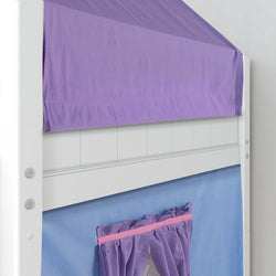 Stylish bunk bed with purple canopy and blue curtain for kids' room decor.
