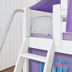White bunk bed ladder with purple bedding and cozy knit blanket.