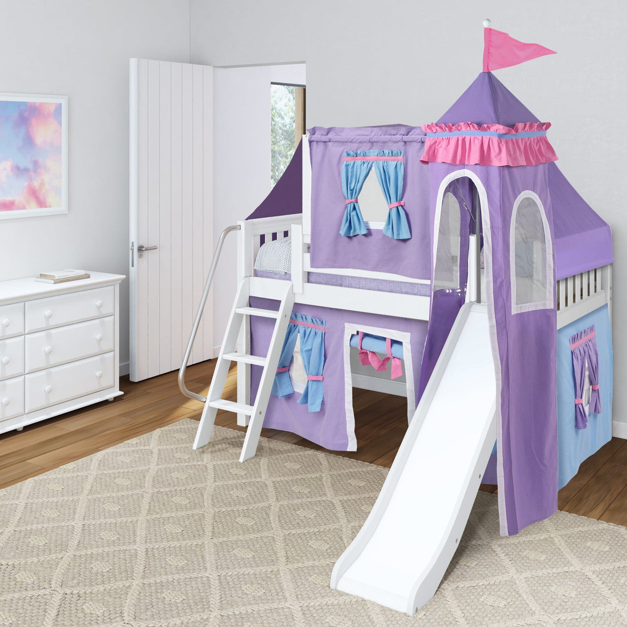 Children's loft bed with purple castle-themed canopy, slide, and ladder in a modern kids' bedroom.