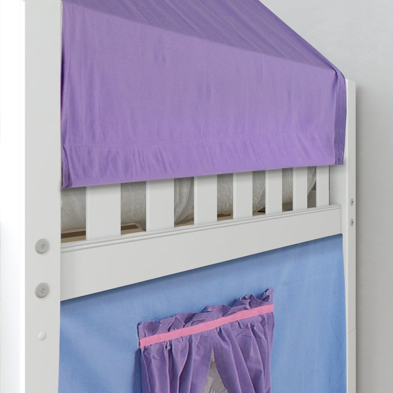 Loft bed with purple canopy and blue curtain, ideal for kids' room decor.