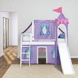 Castle-themed kids' loft bed with purple and pink canopy, ladder, and slide in a bright bedroom.