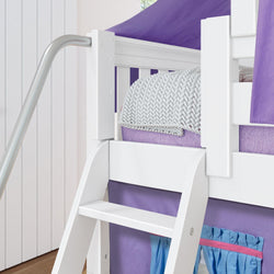 White bunk bed with ladder and purple bedding in a well-lit children's room.