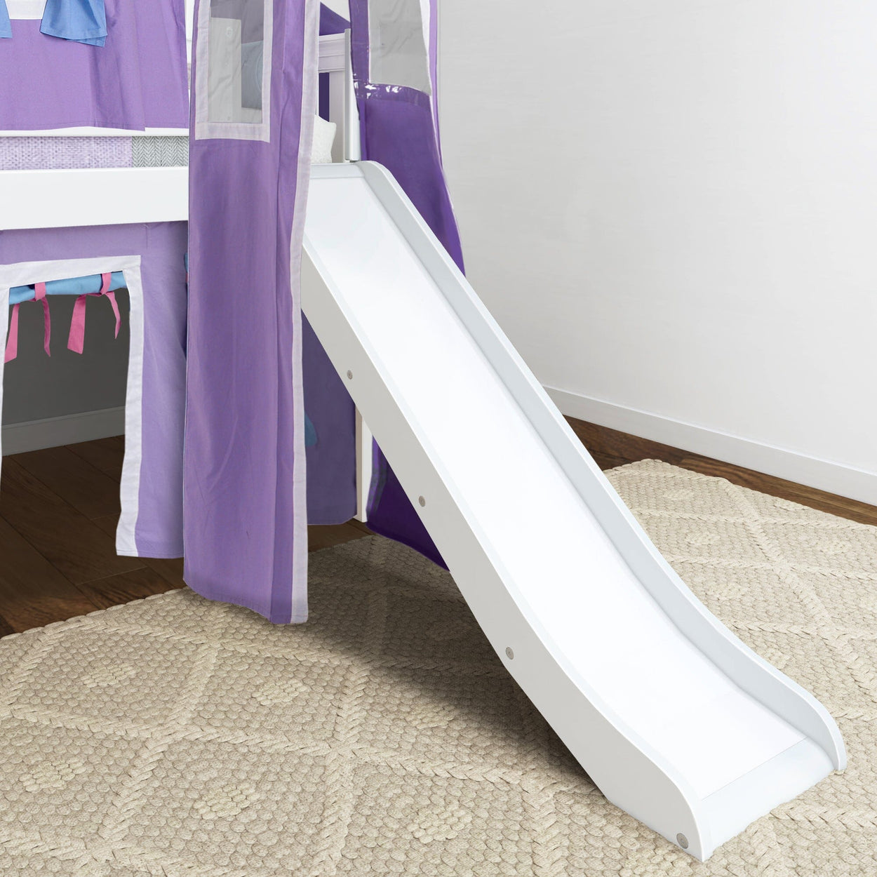 Kids' loft bed with slide and purple curtain, perfect for fun and storage in a child's bedroom.