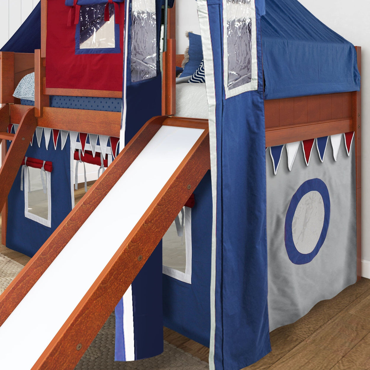 Children's loft bed with slide and play tent in blue and red theme, ideal for kids' bedroom furniture.